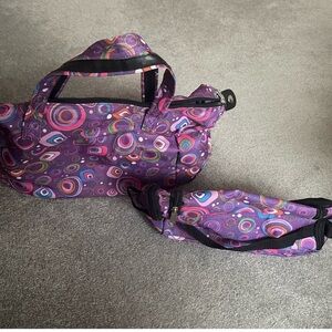 Purple tote bags with matching bathroom bag